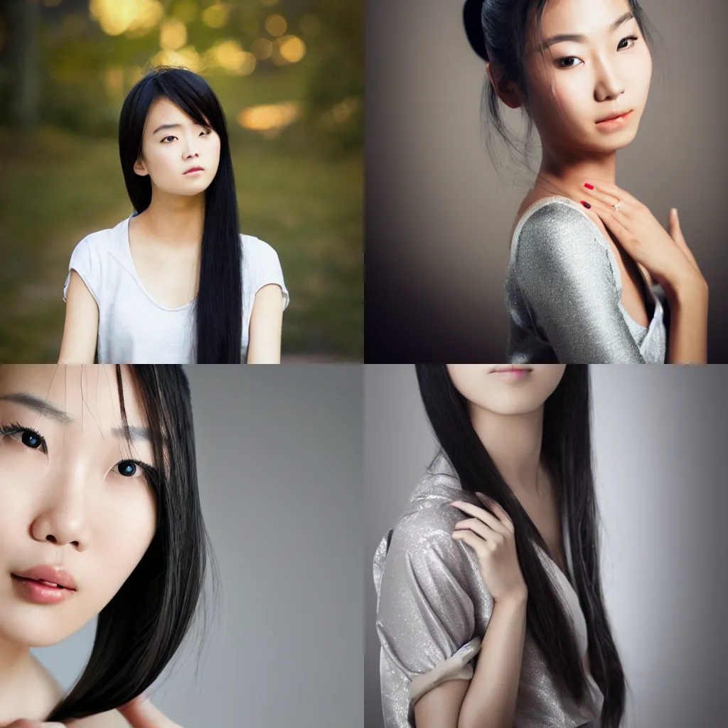 Prompt: beautiful asian girl, silver ponytail, portrait, photography