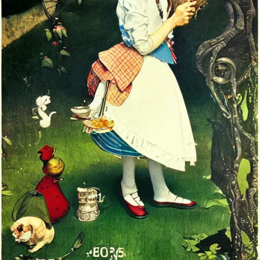 Prompt: alice in wonderland by norman rockwell
