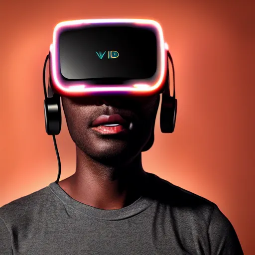 Image similar to dark skinned man wearing futuristic vr headset neon lights ambient light unity game ultra - realistic