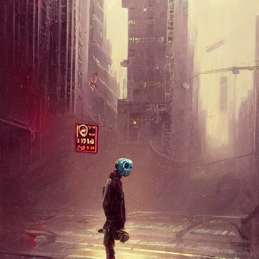 Image similar to dreary realism portrait of masked cyber punk helmet on the art deco streets of the big city, artstation, award - winning realistic sci - fi concept art by jim burns and greg rutkowski, beksinski, a realism masterpiece, muted color palette, james gilleard, bruegel, alphonse mucha, and yoshitaka amano