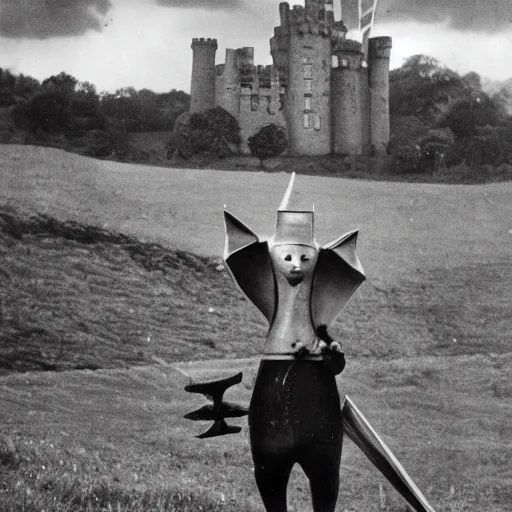 Image similar to anthropomorphic fox!! who is a medieval knight holding a swo - rd tow - ards a stormy thundercloud [ 1 9 3 0 s film still ], ( castle in the background )