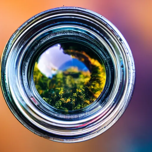 Prompt: a whole world inside a mason jar. studio photography. closeup. 4K. 14mm lens. iso 180. f/2.8.