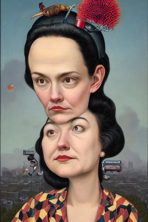 Prompt: a woman wearing a n oculus through her head to catch a trash Mark Ryden and Alex Gross, Todd Schorr highly detailed