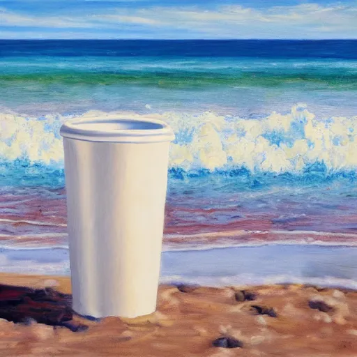 Image similar to an oil painting of a giant white styrofoam cup on the beach, the beach has red water, surrealism