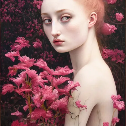 Prompt: sophie turner girl, botanical, azalea, marble white complexion, portrait face, colorful, kupka, intricate, miles johnston, kuroda seiki, ozabu, godward, painterly, yoshitaka amano, moebius, miles johnston, louise zhang, james jean, mark ryden lowbrow pop surrealism art style