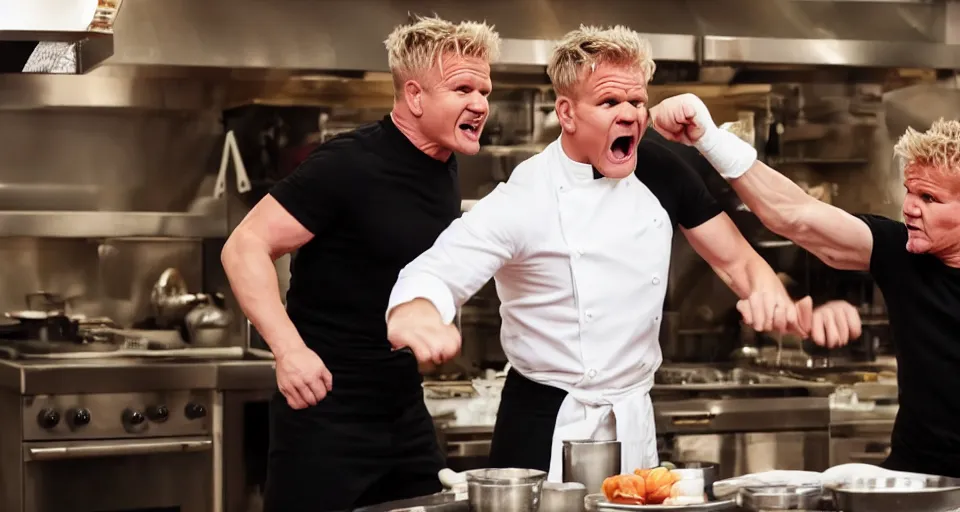 Image similar to photo of angry furious Gordon Ramsay punching Gordon Ramsay at the kitchen