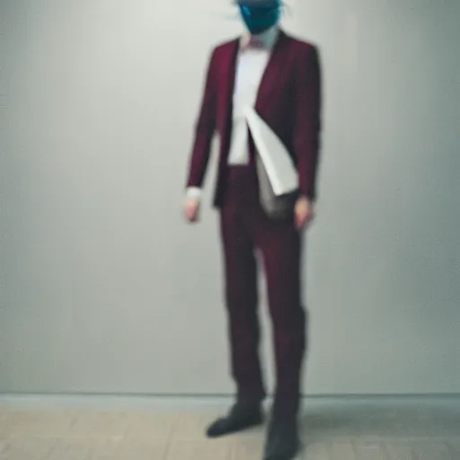 Prompt: blurry picture of a man wearing a bloody suit and a cheap plastic anonymous mask, 4k, film grain