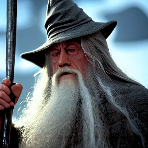 Image similar to A Still of Patrick McGoohan as Gandalf in The Lord of the Rings (2001), full-figure