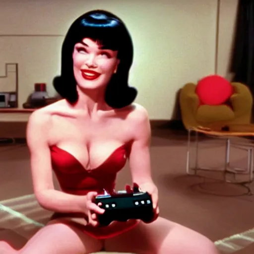 Prompt: a still of Bettie Page playing with a NES controller, in the movie 2001 A Space Odyssey, cinematic lighting, 4k HDR