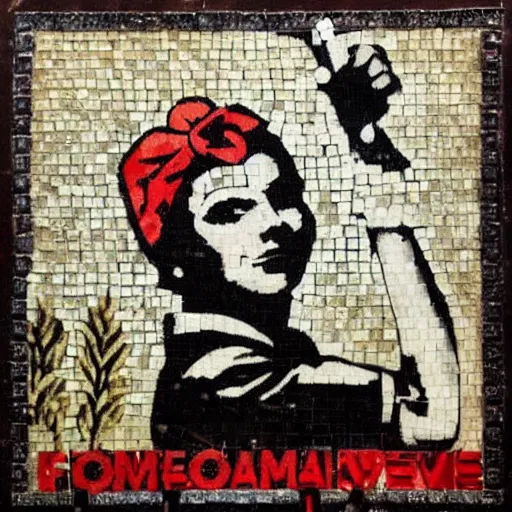 Image similar to rosie the riveter joined the communists, red rose, antifa, on roman mosaic, by Banksy