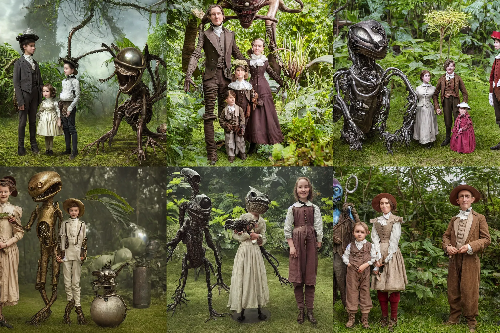Prompt: detailed, sharp, a girl and a boy standing next to some alien plants, looking happy, wearing 1850s era clothes, their small pet alien creature is standing nearby, in a park on an alien planet, steampunk, extremely highly detailed, hyperrealistic, still from a period sci fi movie, 8k, HD, good lighting