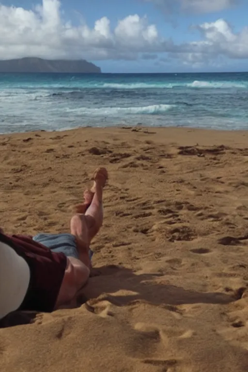 Image similar to chuck norris resting on a beach in hawaii