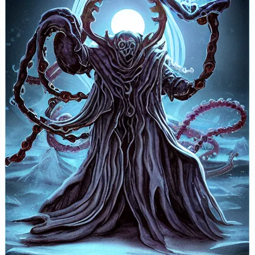 Image similar to concept designs for an end game boss that is an ethereal obsidian ghostly wraith like figure with a squid like parasite latched onto its head and long tentacle arms that flow lazily but gracefully at its sides like a cloak and chains rattling at its sides while it floats around a frozen rocky tundra in the snow searching for lost souls and that hides amongst the shadows in the trees, this character has hydrokinesis and electrokinesis for the resident evil village video game franchise and inspired by vecna from stranger things