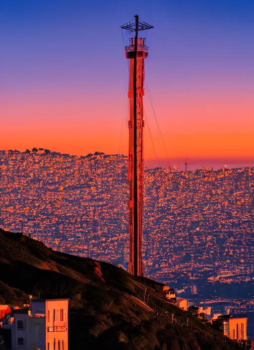 Prompt: sutro tower in san francisco, sunset, radio antenna, twin peaks, photorealistic, 8 k