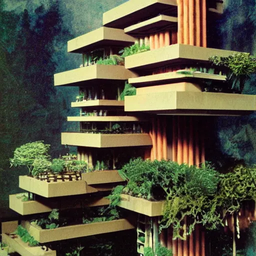 Image similar to frank lloyd wright hanging gardens of babylon futurepunk