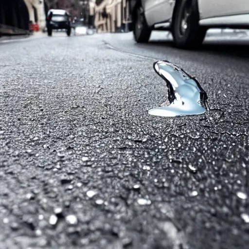 Prompt: photo of a dripping chrome blob melting on a city street macro