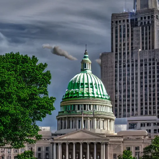 Image similar to madison wisconsin capital being attacked by huge green godzilla ( 1 9 8 9 ) eos 5 ds r, iso 1 0 0, f / 8, 1 / 1 2 5, 8 4 mm, postprocessed, bokeh )