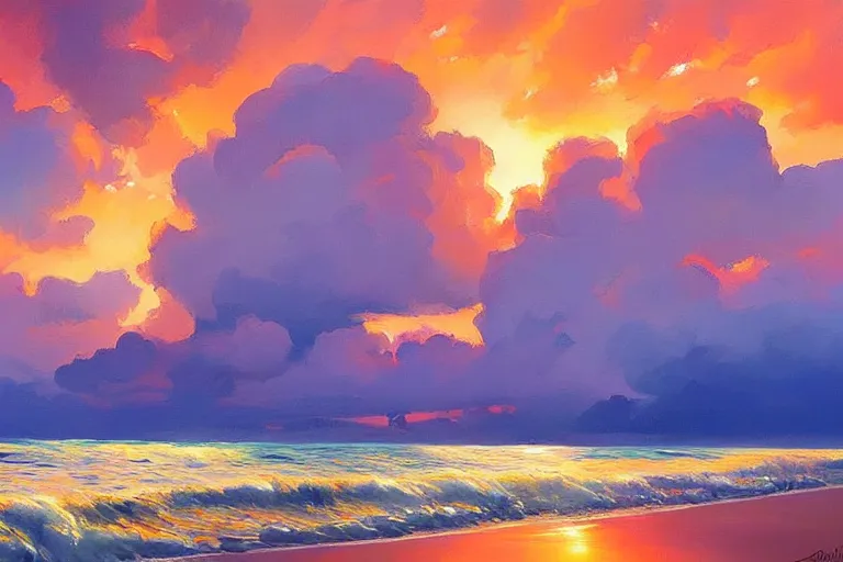 Prompt: a beautiful nature landscape with abstract beautiful clouds, ocean waves, sunset, by rhads