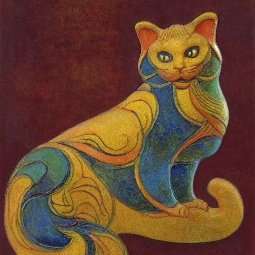 Prompt: masterpiece mechanical cloisonne cat sculpture, by annie swynnerton and diego rivera and nicholas roerich and jean delville and charlie bowater, symbolist, dramatic lighting, god rays, art brut, rich colors, smooth sharp focus, extremely detailed, adolf wolfli and ( donato giancola and bilibin )