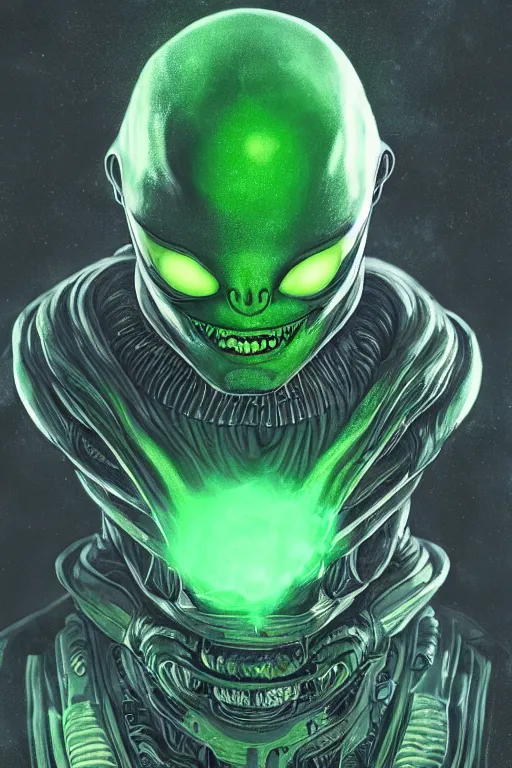 Image similar to alien character, cinematic lighting, intricate details, green smoke dark background, ring light, alex ross, mark waid, jonathan hickman, joe sinnot, jack kirby style arts, trending on artstation featured on behance,