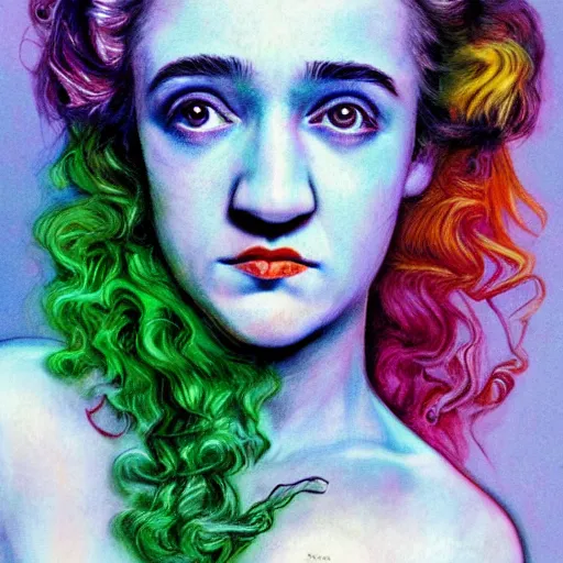 Image similar to surrealism psychedelic portrait sketch of julia garner as delirium of the endless in fishnet top and rainbow tutu skirt from the sandman, floating goldfish, green and blue eye heterochromia by alex ross, josh kirby, detailed, elegant, intricate