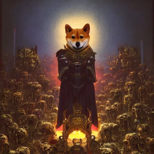 Image similar to anthropomorphic shiba inu, wearing gold armor, standing on pile of skulls, graveyard of skulls, fantasy 3 d render, masterpiece, glowing red light aura, by donato giancola and greg rutkowski and wayne barlow and zdzisław beksinski, realistic face