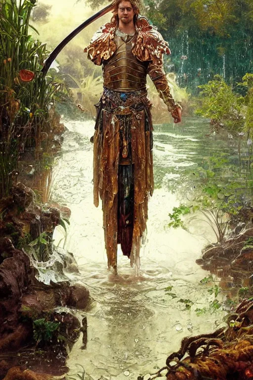 Image similar to portrait of a man wearing a knight robe, holding a sword, drenched body, wet dripping hair, emerging from the water, fantasy, regal, fractal crystal, fractal gems, by stanley artgerm lau, thomas kindkade, alphonse mucha, loish, norman rockwell