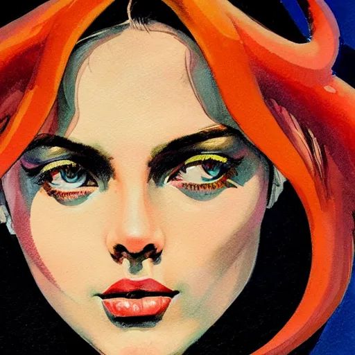 Image similar to detailed details photorealistic beautiful girl wearing devil horn headband in the style of bob peak and alex ross, gouache and wash paints color, detailed details facial and body and human and environments and proportionate, detailed 5 k details.