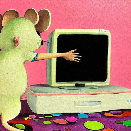 Prompt: a beautiful painting of little fat mouse watch tv, living in a hole