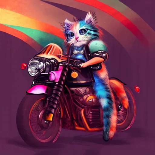 Image similar to wide angle full body, jacket wearing fluffy cute rainbow kitten wearing a black leather motorcycle jacket, riding on a motorcycle, cinematic concept art