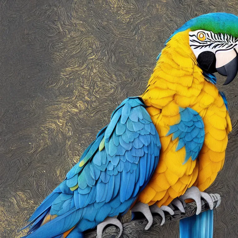 Image similar to octane render portrait by wayne barlow and carlo crivelli and glenn fabry, a single beautiful colorful blue and gold macaw, surrounded by shiny reflective aluminum foil, cinema 4 d, ray traced lighting, very short depth of field, bokeh