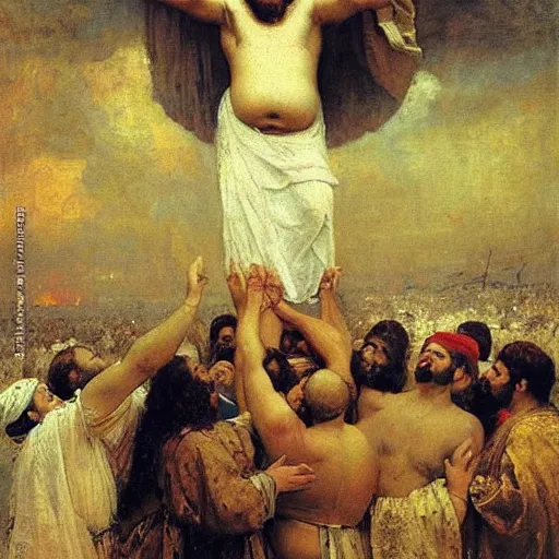 Image similar to morbidly obese jesus floating above a crowd of onlookers, by ilya repin