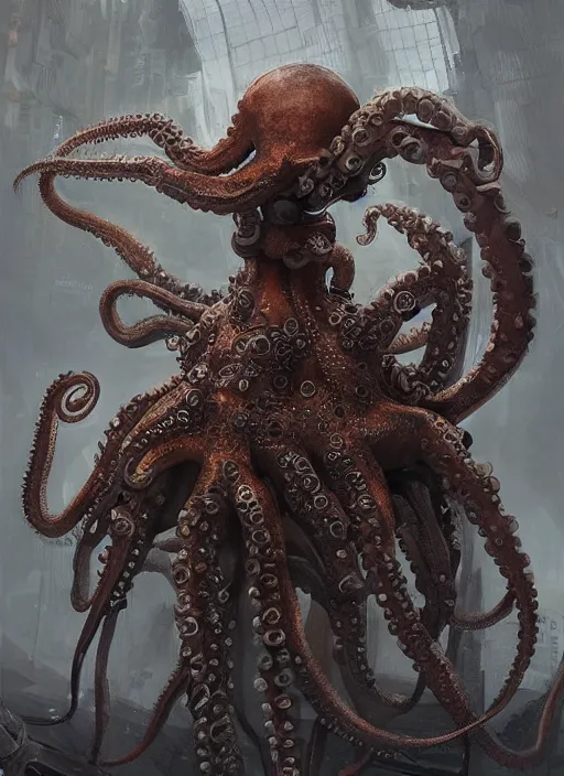 Image similar to An octopus wearing medieval knights armor but at the same time looking cyberpunk, intricate, elegant, digital painting, concept art, smooth, sharp focus, illustration, from StarCraft by Ruan Jia and Mandy Jurgens and Artgerm and William-Adolphe Bouguerea