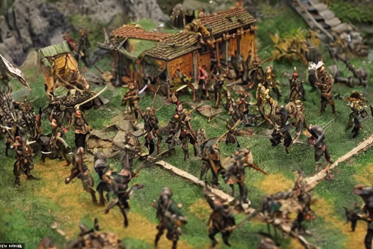 Image similar to photo taken of an epic intricate, ultra detailed miniature modular, battlefield diorama created by weta workshop, zoomed in shots focussing an army of high elves battling a horde of orcs, with highly detailed exquisitely painted 3 d printed characters, cinematic wide shot, photorealistic, sharp focus, f 0. 4, low angle shot, macro, golden ratio, golden hour