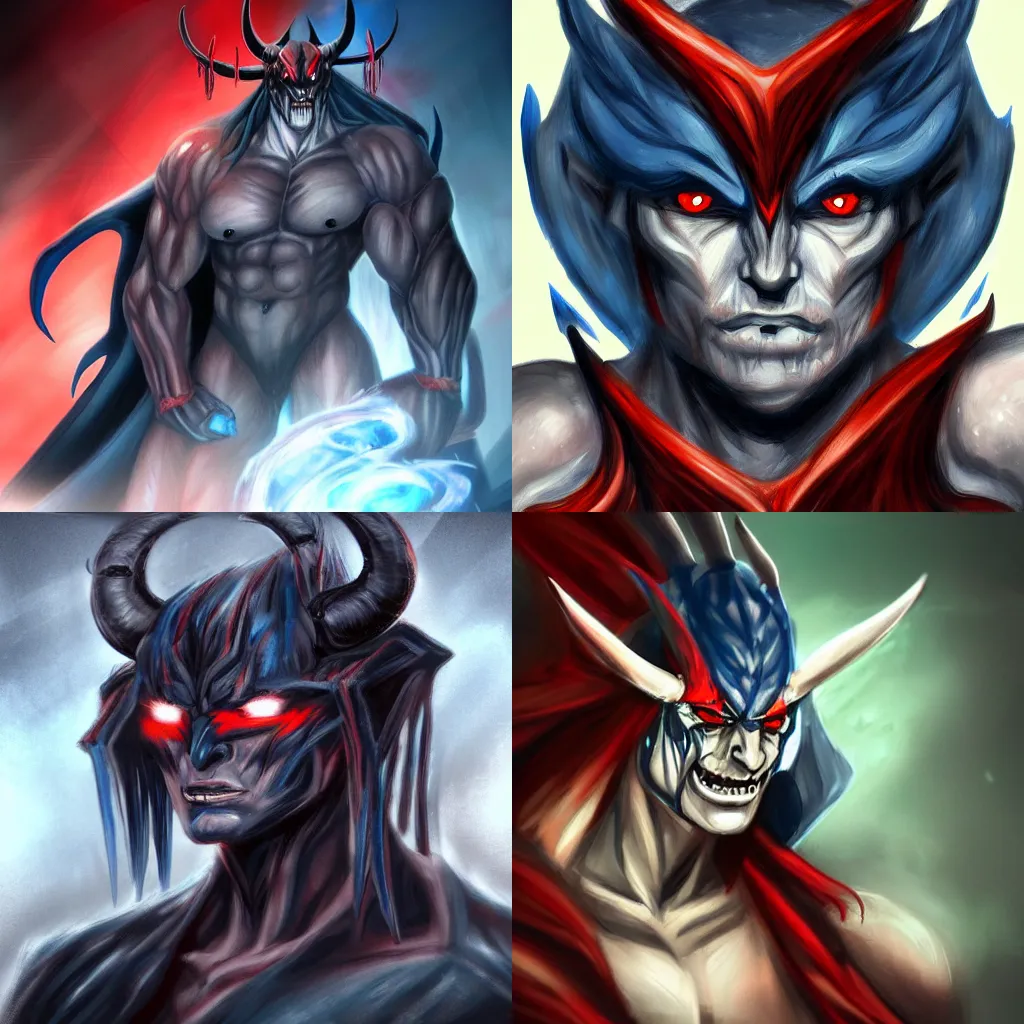 Prompt: Muscular humanoid demon with long horns, red eyes, and two blue streaks down down his eyes, wearing a flowing black cape during the night, concept art, trending on art station