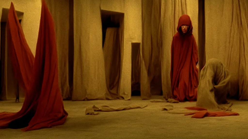 Image similar to a strange creature claws it’s way out of a spool of cloth in an Italian fabric store, film still from the movie directed by Denis Villeneuve with art direction by Zdzisław Beksiński, wide lens