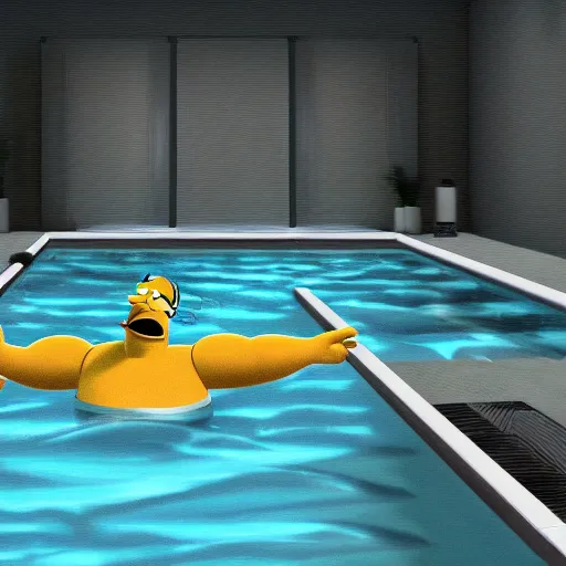 Image similar to Homer Simpson in a swimming pool dark and creepy 4K quality super realistic