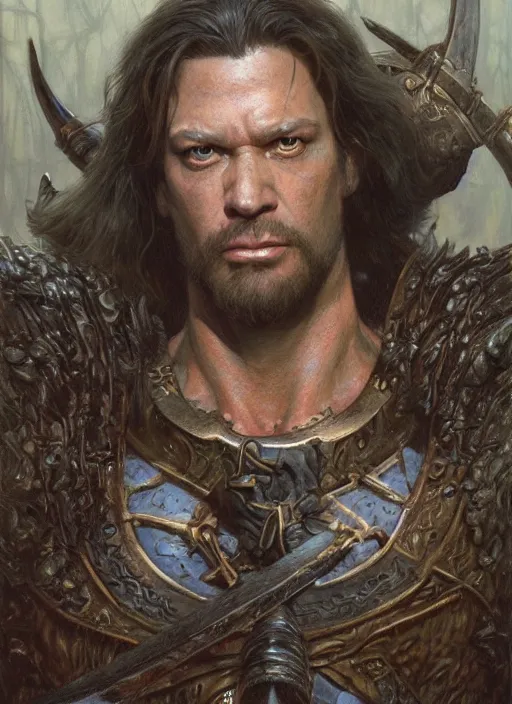 Image similar to a hyperrealistic and detailed paintbrush portrait of a male fantasy character, art by donato giancola and bayard wu and gustav moreau and wayne barlowe, rpg portrait, conan, krull, 8 0's fantasy movies, dungeons & dragons, d & d, artstation