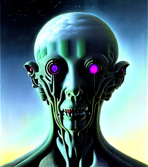 Prompt: a scifi illustration, a godlike ai awakens to the horror of its creators by thomas ligotti and wayne barlowe