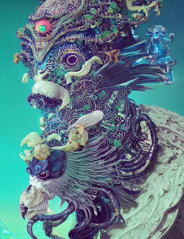 Image similar to 3 d goddess close - up profile solarpunk portrait ram skull. beautiful intricately detailed japanese crow kitsune mask and clasical japanese kimono. betta fish, jellyfish phoenix, bio luminescent, plasma, ice, water, wind, creature, artwork by tooth wu and wlop and beeple and greg rutkowski