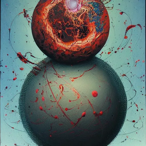 Image similar to a sphere being devoured by abstract splatters of paint in the style of francis bacon, venus being engulfed in flames in the style of james jean, surreal, beksinski, high detailed