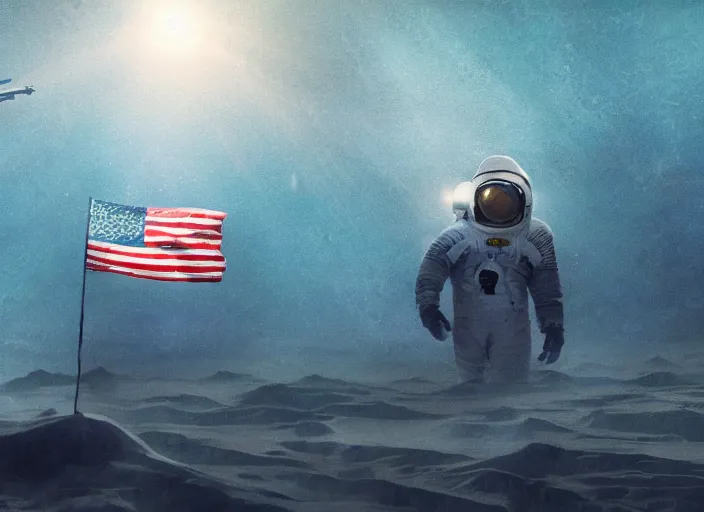 Image similar to astronaut holding a flag in an underwater desert. a submarine is visible in the distance. dark, concept art, cinematic, dramatic, atmospheric, 8 k, trending on artstation, blue, fish, low visibility, fog, ocean floor, christopher nolan, interstellar