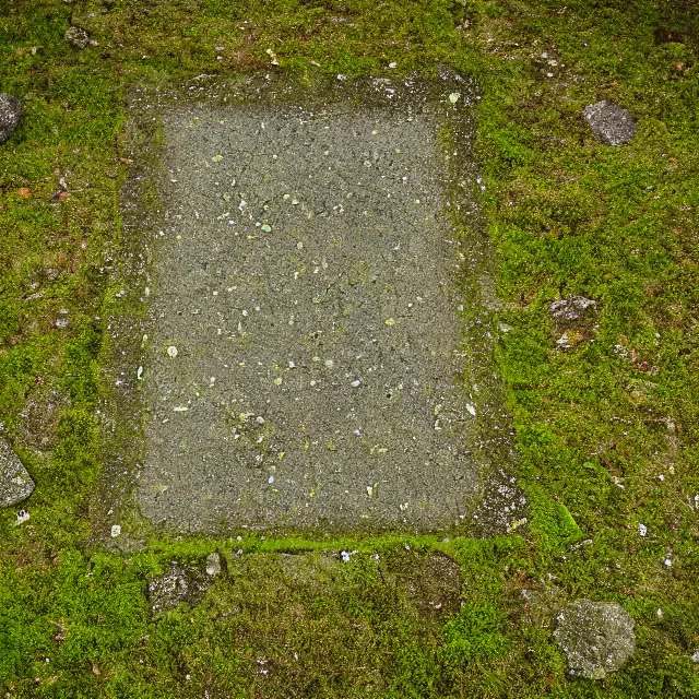 Prompt: Photo of mossy stone pavement shot from tripod above