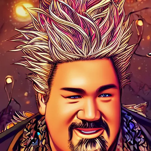 Prompt: guy fieri with roland 8 0 8 drum machine, stonehenge, druid, intricate braided silver hair, manga panel by kosuke kurose, soft lighting, highly detailed face, cozy atmosphere, sharp focus, artstation, secret of mana, sophie anderson, arnold armitage, loish