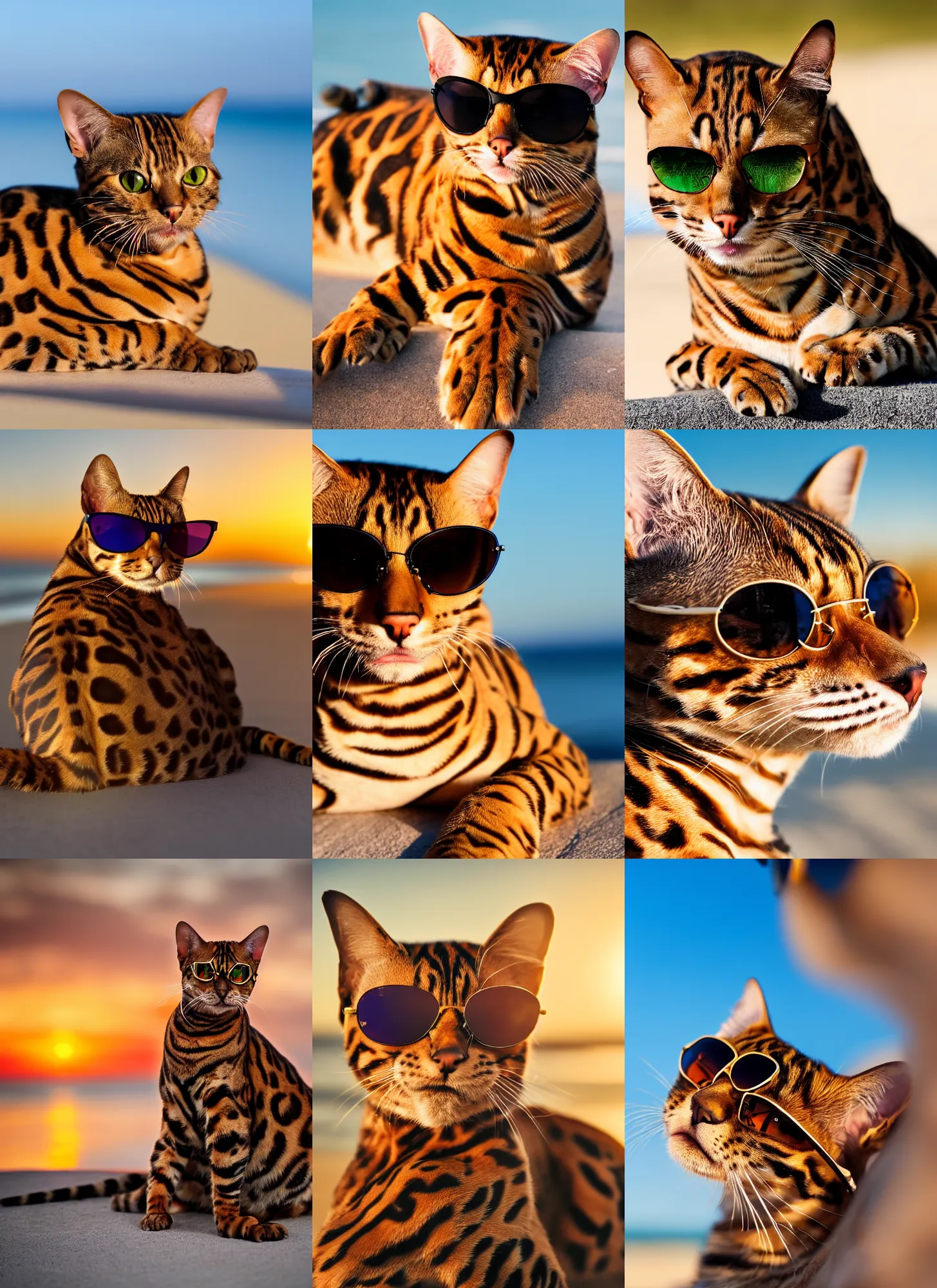 Prompt: close-up photo of a bengal cat wearing sunglasses, relaxing at the beach, golden hour, Breathtaking, 8k resolution, extremely detailed, beautiful, establishing shot, artistic