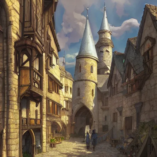 Prompt: A medieval town, by Makoto Shinkai