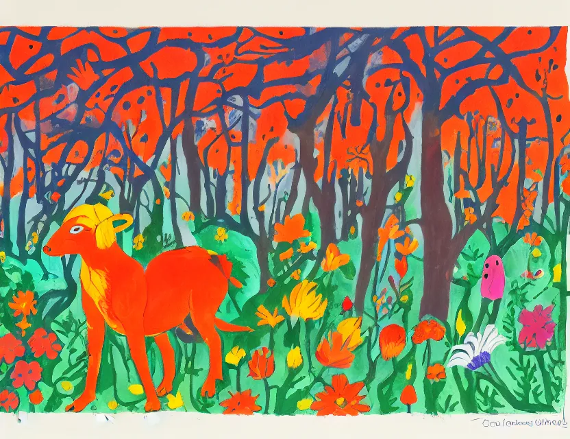 Image similar to animal god of ( ( flowers ) ) in the winter woods. gouache, limited palette with complementary colors, children's cartoon, backlighting, bold composition, depth of field.