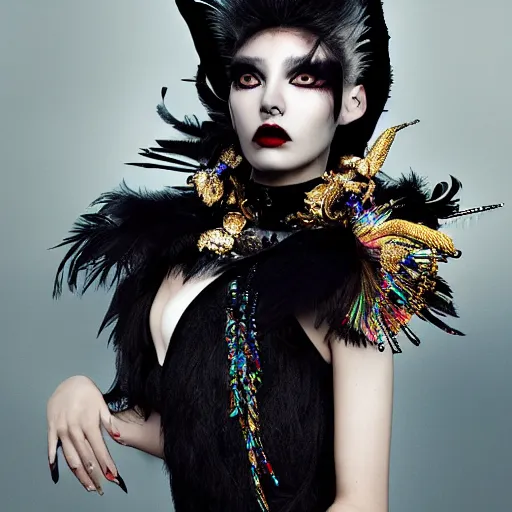 Image similar to a hyperrealistic high fashion portrait of a fierce proud queen of ravens, in a black dress with a collar made of iridescent feathers and golden adornments, photorealistic, intricate details, by zhang jingna and soey milk and amir ershadi and anja millen