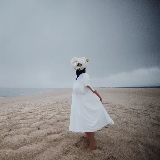 Prompt: lonely wonderful lady with a white large magnificent more and more vaporous ,wrapped ,hight decorated,detailed ,white roses cotton dress is moving in the sand near the ocean, during lightning storm, her face is visible , 8k