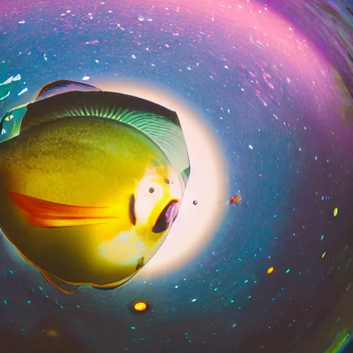 Image similar to Fisheye of a fish swimming in the space among all planets